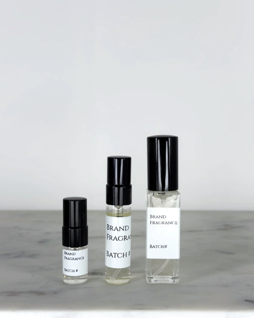 Our fragrance sample bottles shown side by side, from left to right: 2ml, 5ml and 10ml